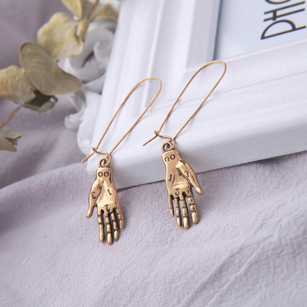 NEW Boutique Rustic gold tone mystic tarot hand charm edgy dangle earrings
